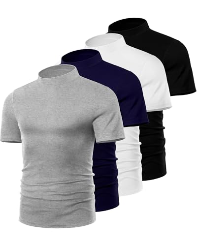 Ficerd 4 Pack Men's Mock Neck T Shirts, Short Sleeve Mock Turtleneck Undershirt Pullover Basic Causal Solid Tee Tops for Men(Black, White, Navy Blue, Light Gray,Medium) - Image 3