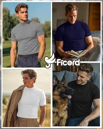 Ficerd 4 Pack Men's Mock Neck T Shirts, Short Sleeve Mock Turtleneck Undershirt Pullover Basic Causal Solid Tee Tops for Men(Black, White, Navy Blue, Light Gray,Medium) - Image 2