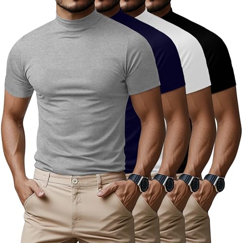 Ficerd 4 Pack Men's Mock Neck T Shirts, Short Sleeve Mock Turtleneck Undershirt Pullover Basic Causal Solid Tee Tops for Men(Black, White, Navy Blue, Light Gray,Medium) - Image 1