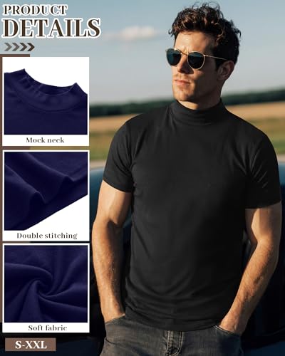 Ficerd 4 Pack Men's Mock Neck T Shirts, Short Sleeve Mock Turtleneck Undershirt Pullover Basic Causal Solid Tee Tops for Men(Black, White, Navy Blue, Light Gray,Medium) - Image 4