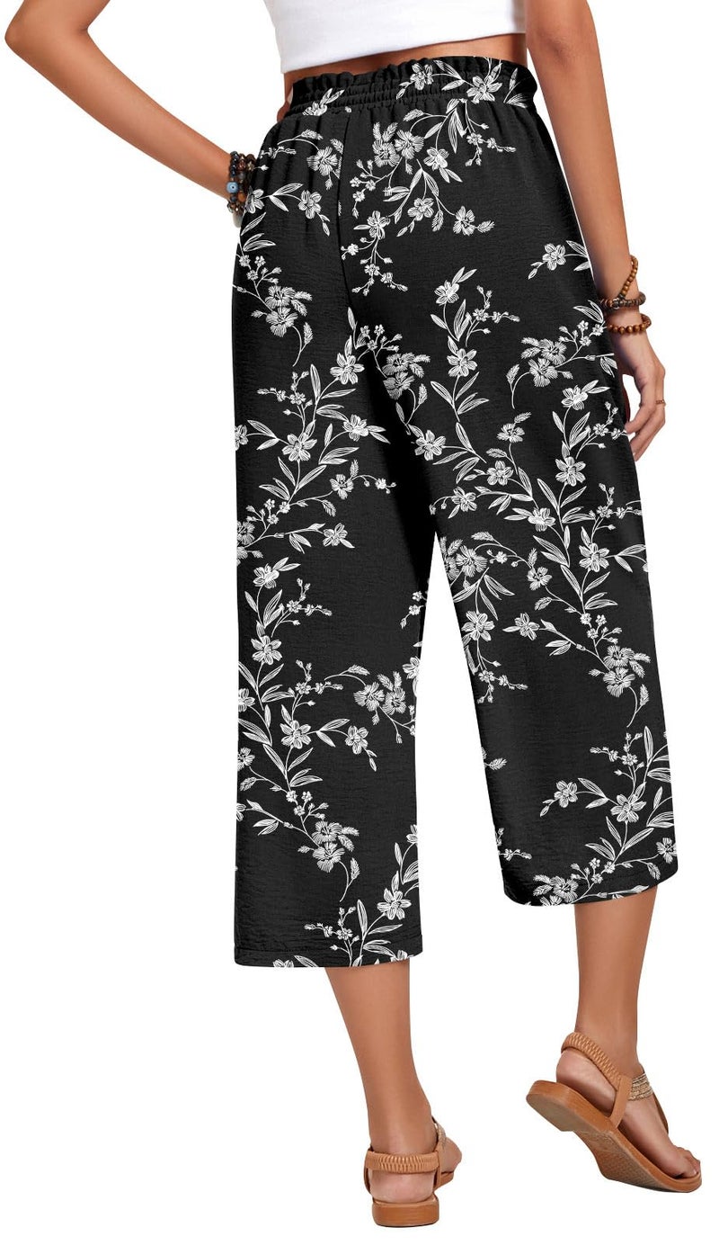 Anyhold Womens Plus Size Capri Pants Loose High Waisted Wide Leg Lounge Pants Drawstring Casual Palazzo Trousers with Pockets 2X-Large, White Carvings - Image 4