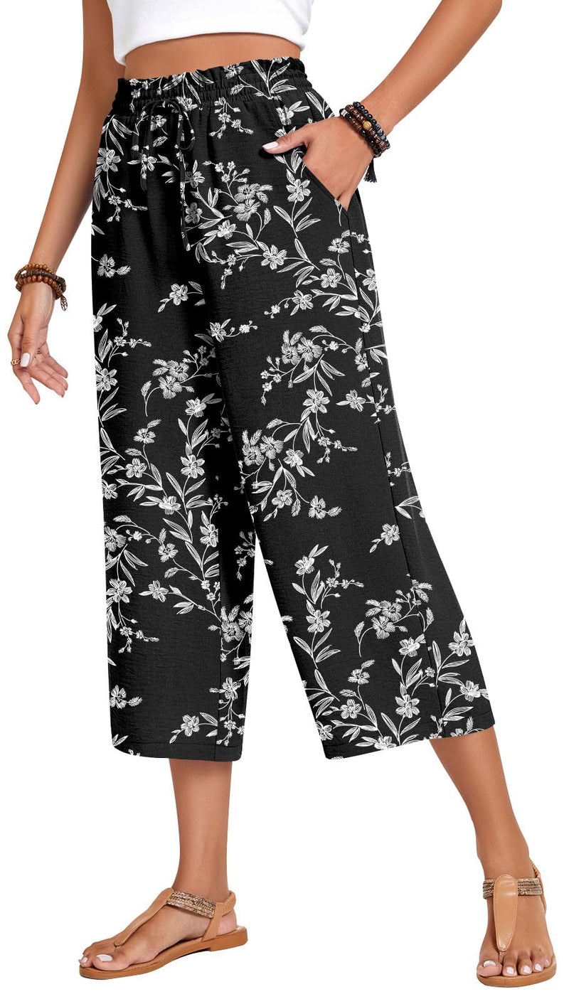 Anyhold Womens Plus Size Capri Pants Loose High Waisted Wide Leg Lounge Pants Drawstring Casual Palazzo Trousers with Pockets 2X-Large, White Carvings - Image 5
