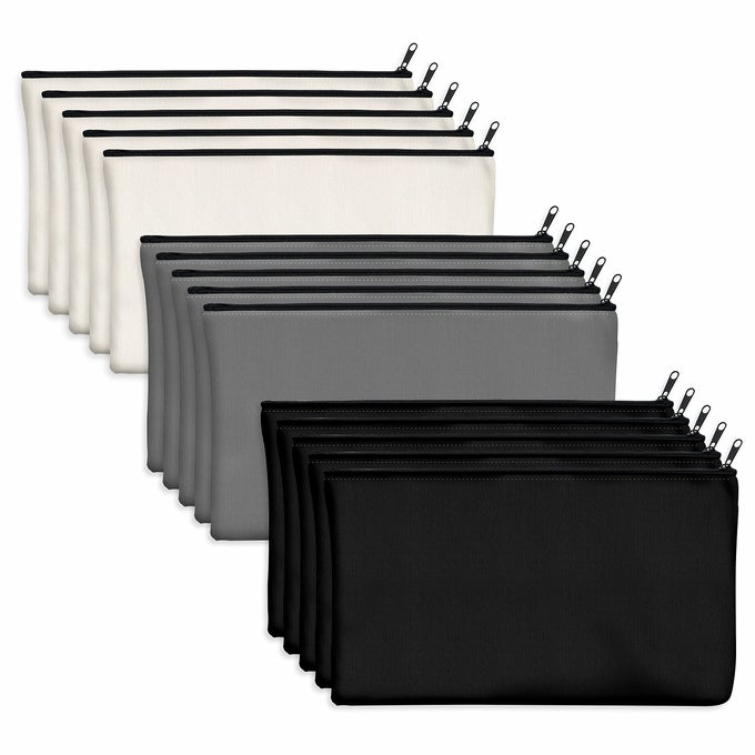 15 PACK BLANK COTTON CANVAS DIY CRAFT ZIPPER BAGS POUCHES PENCIL CASE FOR MAKEUP COSMETIC TOILETRY STATIONARY STORAGEBLACK GREY WHITE