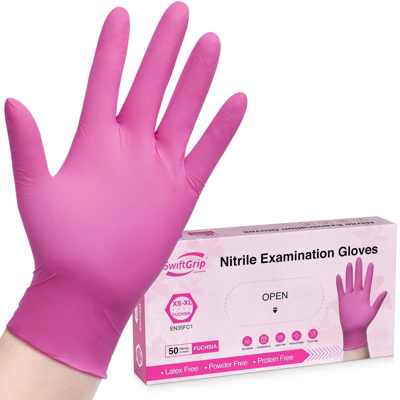 SwiftGrip Powder-Free Nitrile Gloves, XL, 50ct Box - 3-mil, Disposable, Latex-Free, for Kitchen, Cleaning, Estheticians, Hair Stylist - Pink/Fuchsia - Image 1