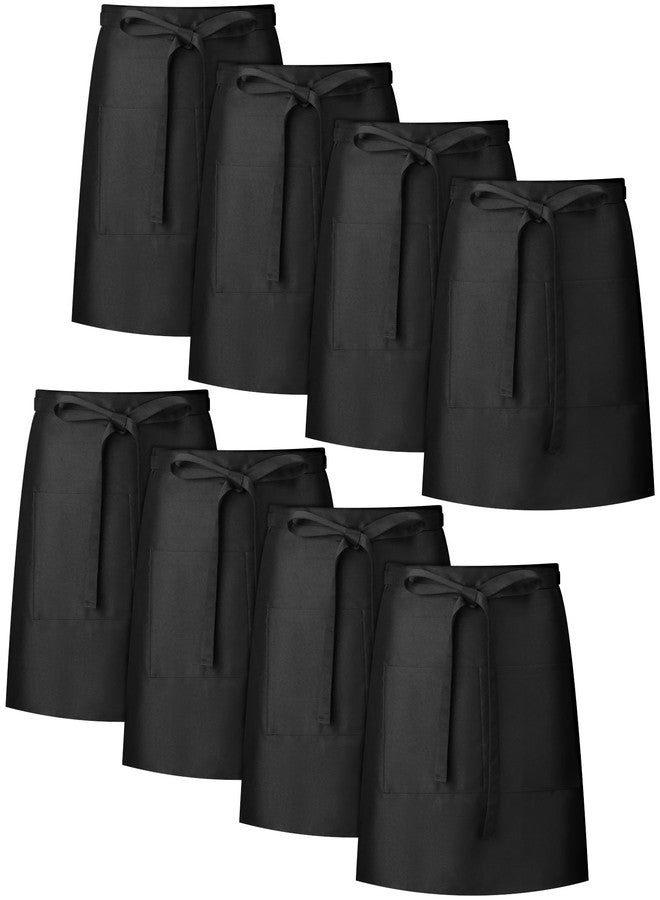 Cuffbow 8 Pack Half Bistro Aprons Black Unisex Half Server Apron with 2 Pockets Extra Long Waist Front Ties Waterproof Accessories for Men Women Server Waiter Waitress Chef - Image 1