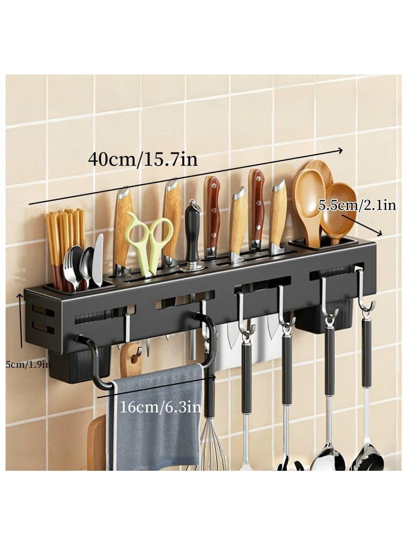 Arabest Kitchen Knife Holder Stainless Steel Utensil Rack for Kitchen Wall Mounted Knife Block,Kitchen Storage Rack with 6 Hooks, 2 Spoon Fork and Chopstick Holders, 1 Towel Rod,Cutlery Storage Rack - Image 2