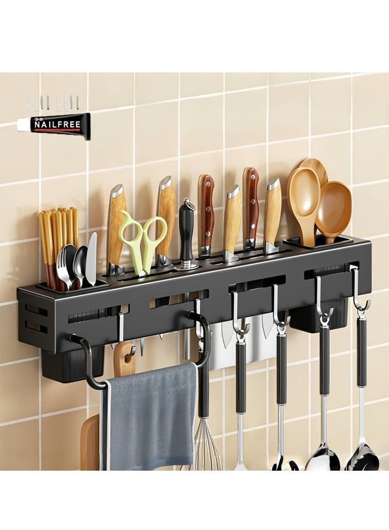 Arabest Kitchen Knife Holder Stainless Steel Utensil Rack for Kitchen Wall Mounted Knife Block,Kitchen Storage Rack with 6 Hooks, 2 Spoon Fork and Chopstick Holders, 1 Towel Rod,Cutlery Storage Rack - Image 1