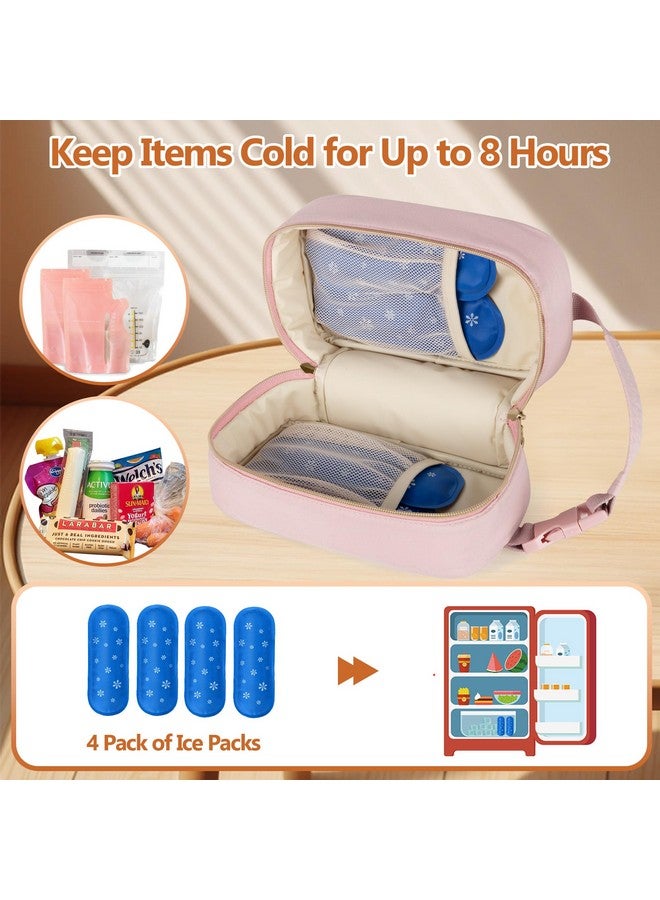 داميرو حقيبة تبريد حليب الثدي من داميرو مع 4 أكياس ثلج - منظم حقيبة سفر لتبريد حليب الثدي مع مقبض قابل للفصل للأمهات المرضعات، لون وردي - Image 2