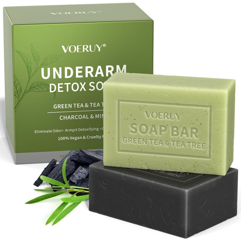 VOERUY Underarm Detox Soap, 2 Pcs Armpit Detox Soap with Green Tea & Tea Tree, Charcoal & Mint for Eliminating Odor, Exfoliating, Moisturizing , Bar Soaps for Legs, Knee, Feet, Hands Whole Body - 10 ozï¼ˆ280gï¼‰ - Image 1