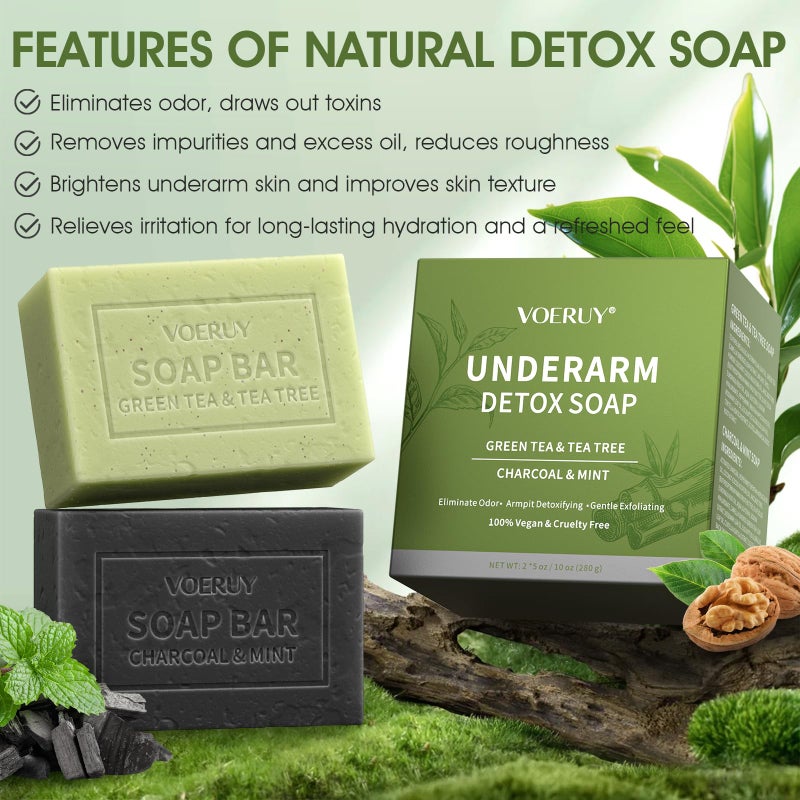 VOERUY Underarm Detox Soap, 2 Pcs Armpit Detox Soap with Green Tea & Tea Tree, Charcoal & Mint for Eliminating Odor, Exfoliating, Moisturizing , Bar Soaps for Legs, Knee, Feet, Hands Whole Body - 10 ozï¼ˆ280gï¼‰ - Image 2