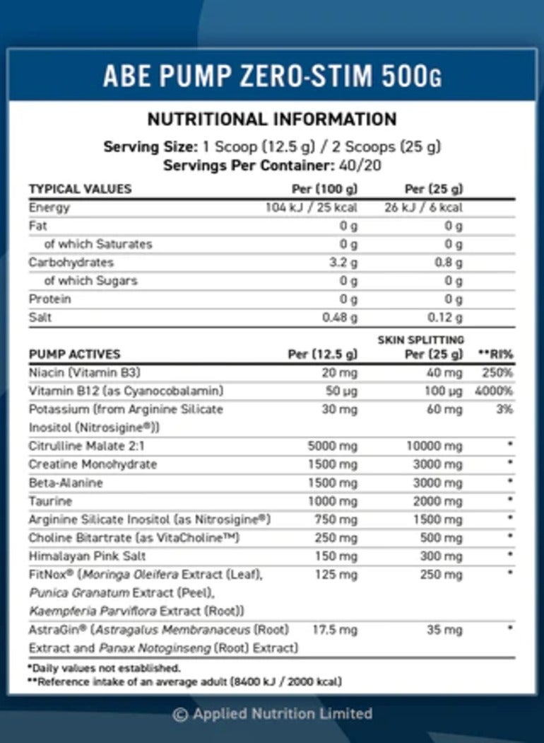 Applied Nutrition Abe Pump Stim-Free Blue Razz 500Gm 40 Servings - Image 3
