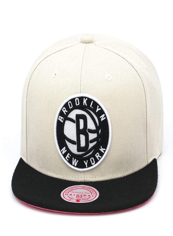 Mitchell & Ness Brooklyn Nets Snapback Hat Adjustable Cap - Natural/Black/Pink Bottom - Image 1