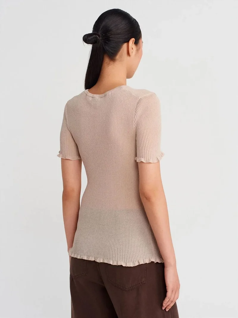 ديلفين DILVIN Slim Fit Ribbed Frill Blouse