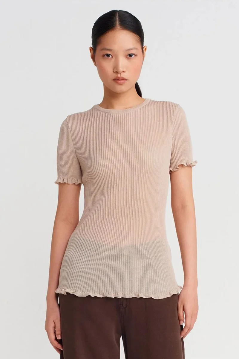 DILVIN Slim Fit Ribbed Frill Blouse