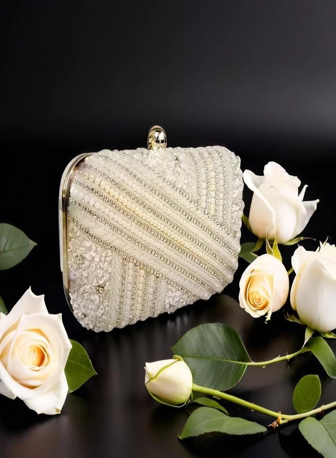 DUCHESS White Pearl Embellished Clutch for Women | Sequin & Beaded Party Purse | Elegant Wedding Handbag for Girls | Stylish Bridal Accessory | Designer Evening Bag for Festive Occasions - Image 4