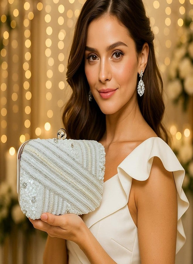DUCHESS White Pearl Embellished Clutch for Women | Sequin & Beaded Party Purse | Elegant Wedding Handbag for Girls | Stylish Bridal Accessory | Designer Evening Bag for Festive Occasions - Image 5
