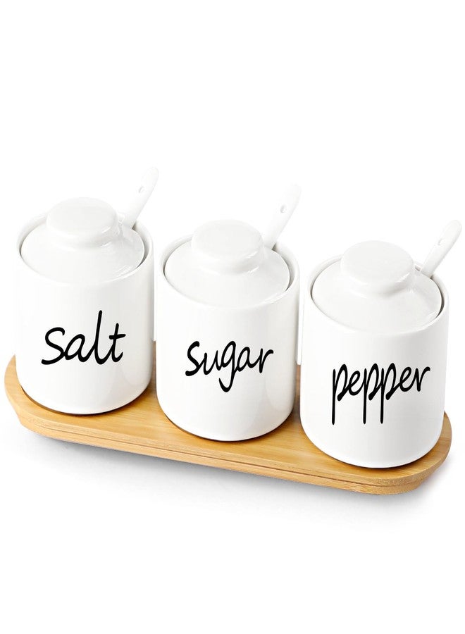 ONTUBE Farmhouse 8oz, Sugar Pepper and Salt Bowls with Lid and Spoon, Ceramics Condiment Pots,Seasoning Jar Spice Container for Kitchen,Dishwasher Safe (White) - Image 1