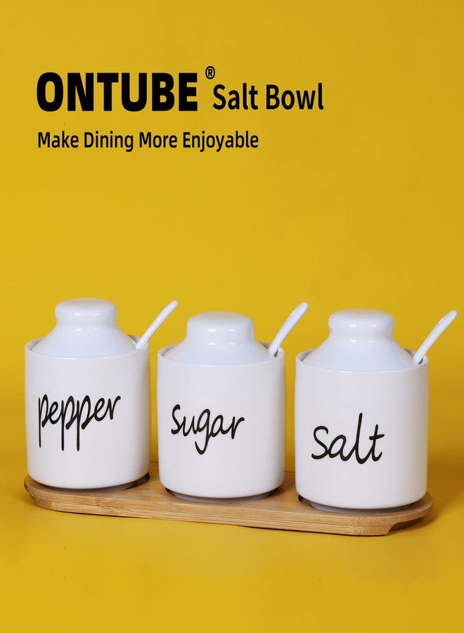ONTUBE Farmhouse 8oz, Sugar Pepper and Salt Bowls with Lid and Spoon, Ceramics Condiment Pots,Seasoning Jar Spice Container for Kitchen,Dishwasher Safe (White) - Image 3