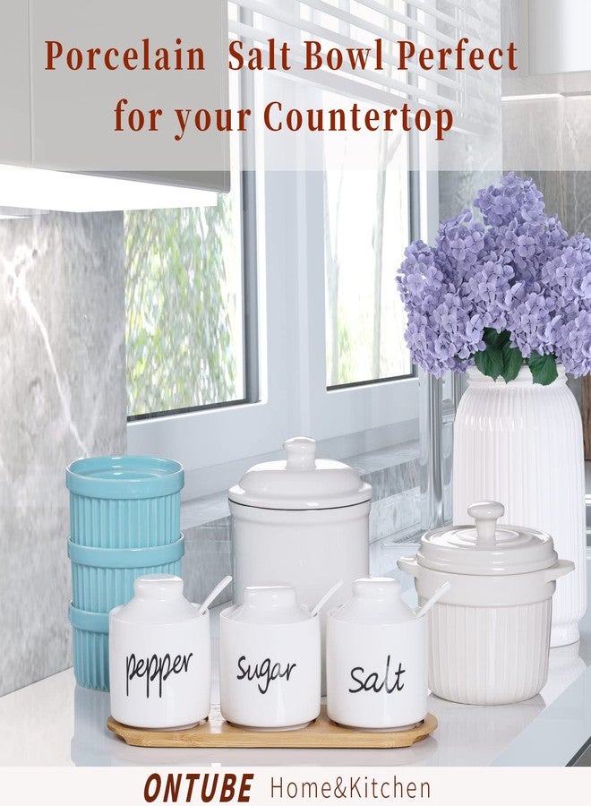 ONTUBE Farmhouse 8oz, Sugar Pepper and Salt Bowls with Lid and Spoon, Ceramics Condiment Pots,Seasoning Jar Spice Container for Kitchen,Dishwasher Safe (White) - Image 4