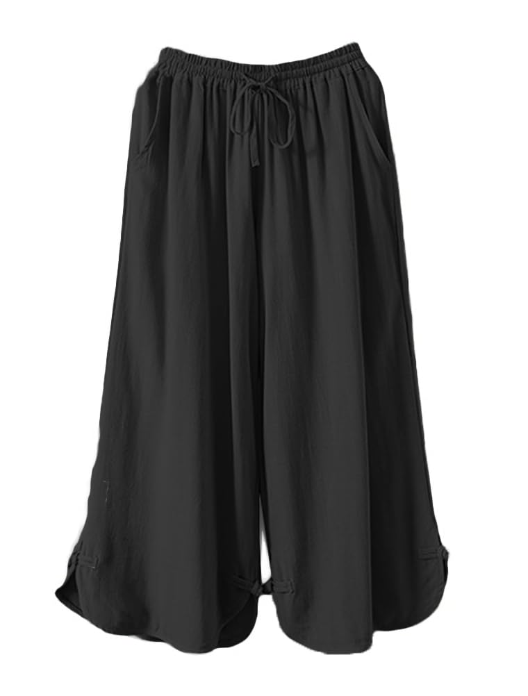 Minibee Womens Linen Cropped Pants Drawstring Waist Wide Leg Trousers with Frog Button Black2XL