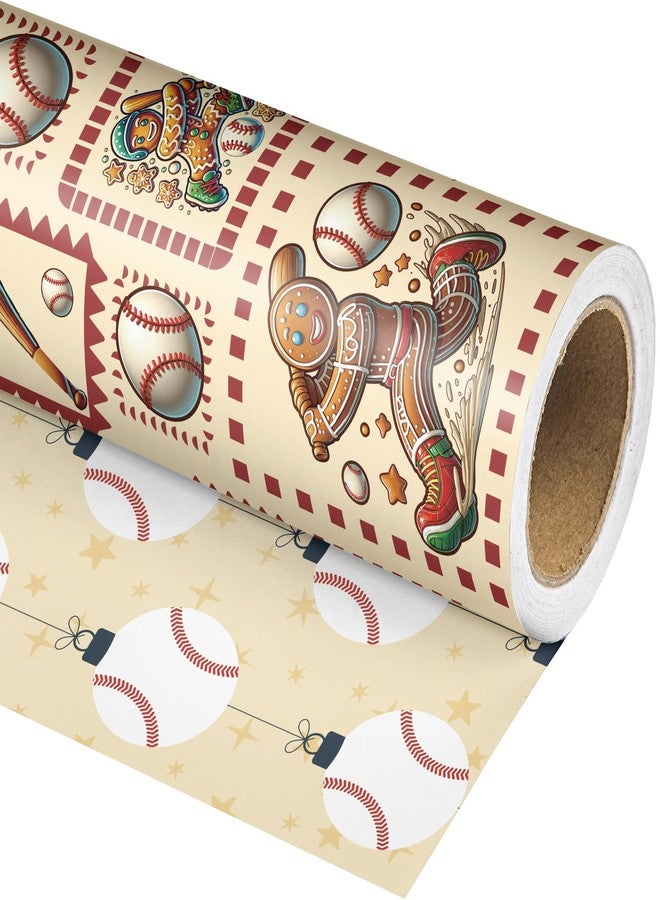 Vnaaem Reversible Baseball Christmas Wrapping Paper Roll for Kids Men - Funny Gingerbread Man, Brown Gift Wrap for Holiday Party Celebration, DIY Craft - 17 In X 20 Ft(Total 28.5sq.ft) - Image 1