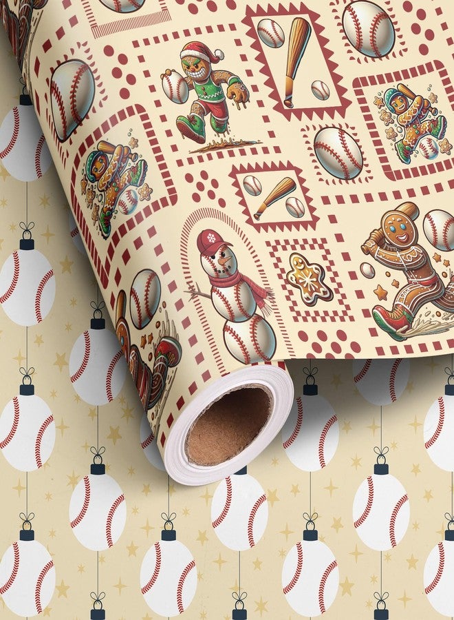 Vnaaem Reversible Baseball Christmas Wrapping Paper Roll for Kids Men - Funny Gingerbread Man, Brown Gift Wrap for Holiday Party Celebration, DIY Craft - 17 In X 20 Ft(Total 28.5sq.ft) - Image 2