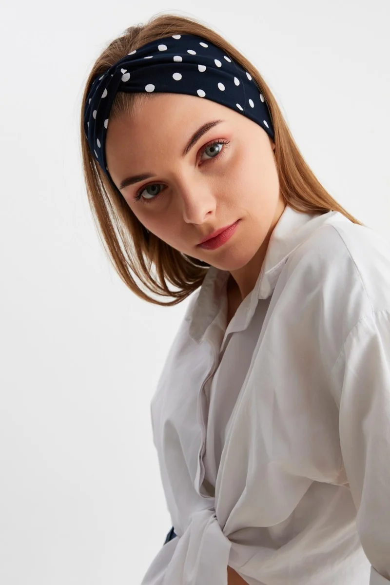 بوتيكجيز Navy Blue Polka Dot Women's Cross Tied Cotton Combed Comb, Non-Slip, Soft, Flexible, Hair Band Bandana