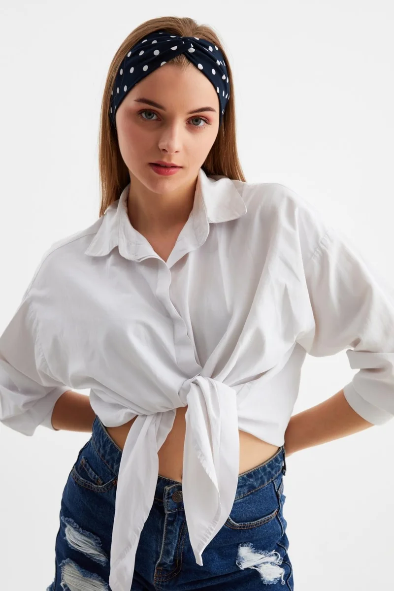 بوتيكجيز Navy Blue Polka Dot Women's Cross Tied Cotton Combed Comb, Non-Slip, Soft, Flexible, Hair Band Bandana