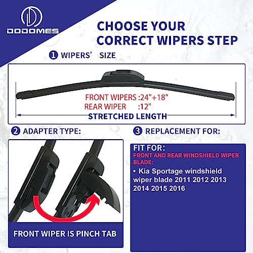 DODOMES 24" + 18" Windshield Wipers with 12" Rear Wiper Blade Replacement for Kia Sportage 2011-2016 -Original Factory OEM Quality (Pack of 3) - Image 2