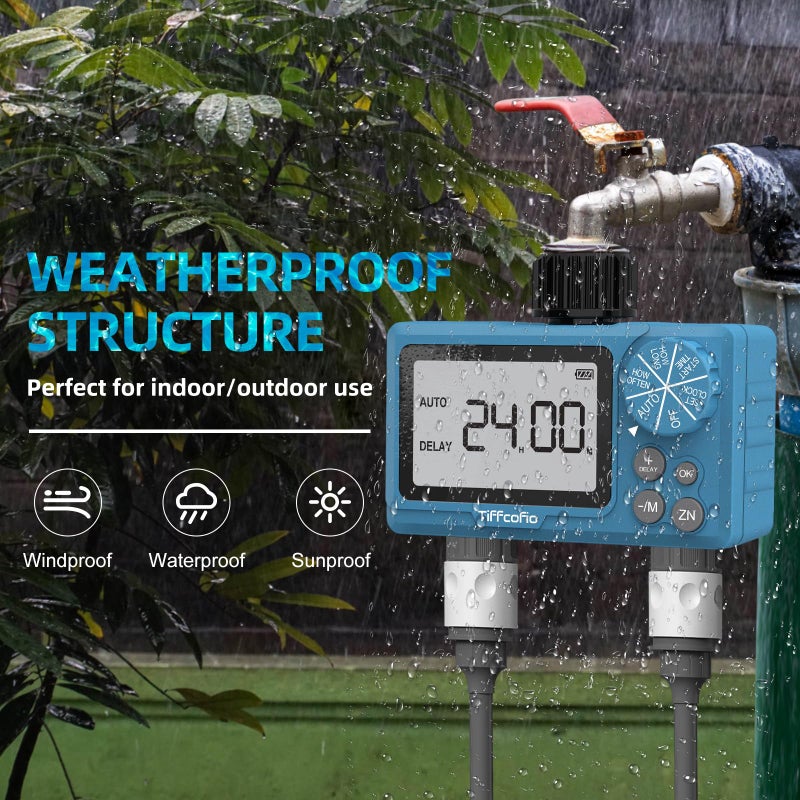 Tiffcofio مؤقت رشاش TiFFCOFiO خارجي، قابل للبرمجة الرقمية لخرطوم الحديقة، مؤقت الري مع تأخير المطر ووضع يدوي (2 مخرج، 1 عبوة) - Image 5