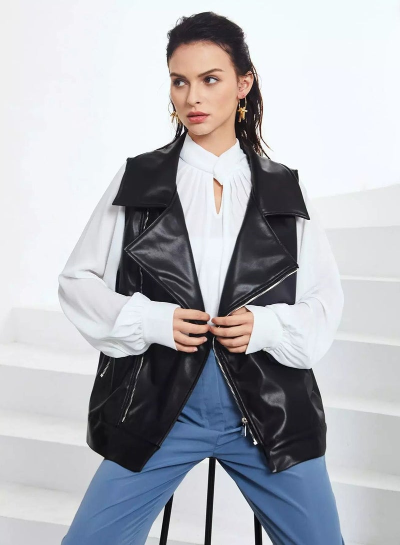 Zipper Front Sleeveless Moto Jacket Without Blouse - Image 1