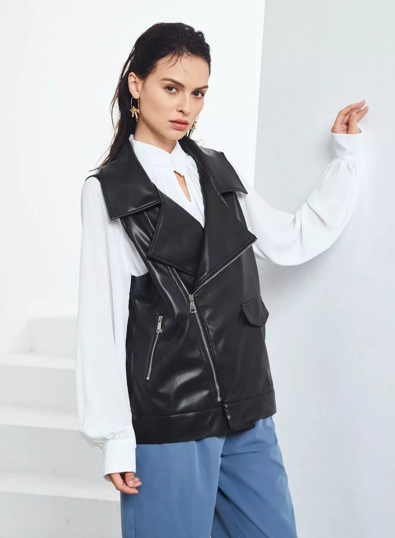 Zipper Front Sleeveless Moto Jacket Without Blouse - Image 5