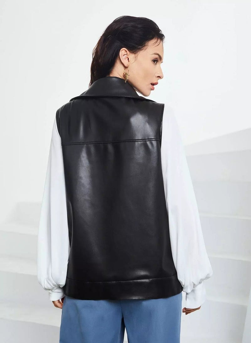 Zipper Front Sleeveless Moto Jacket Without Blouse - Image 2