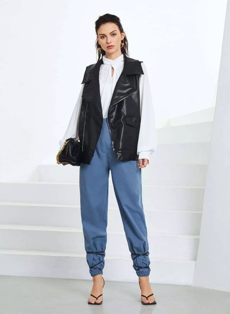 Zipper Front Sleeveless Moto Jacket Without Blouse - Image 4