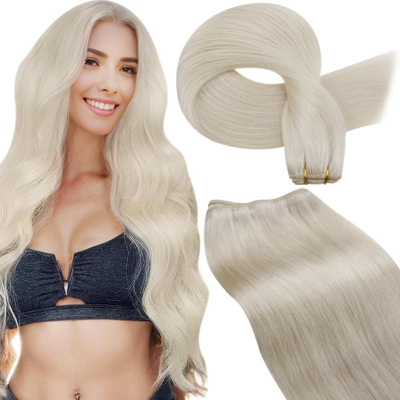 LaaVoo Weft Hair Extensions Human Hair Blonde Sew in Hair Extensions Real Human Hair 22 Inch Double Weft Human Hair Hair Extensions Weft Long Platinum Blonde Hair 100g