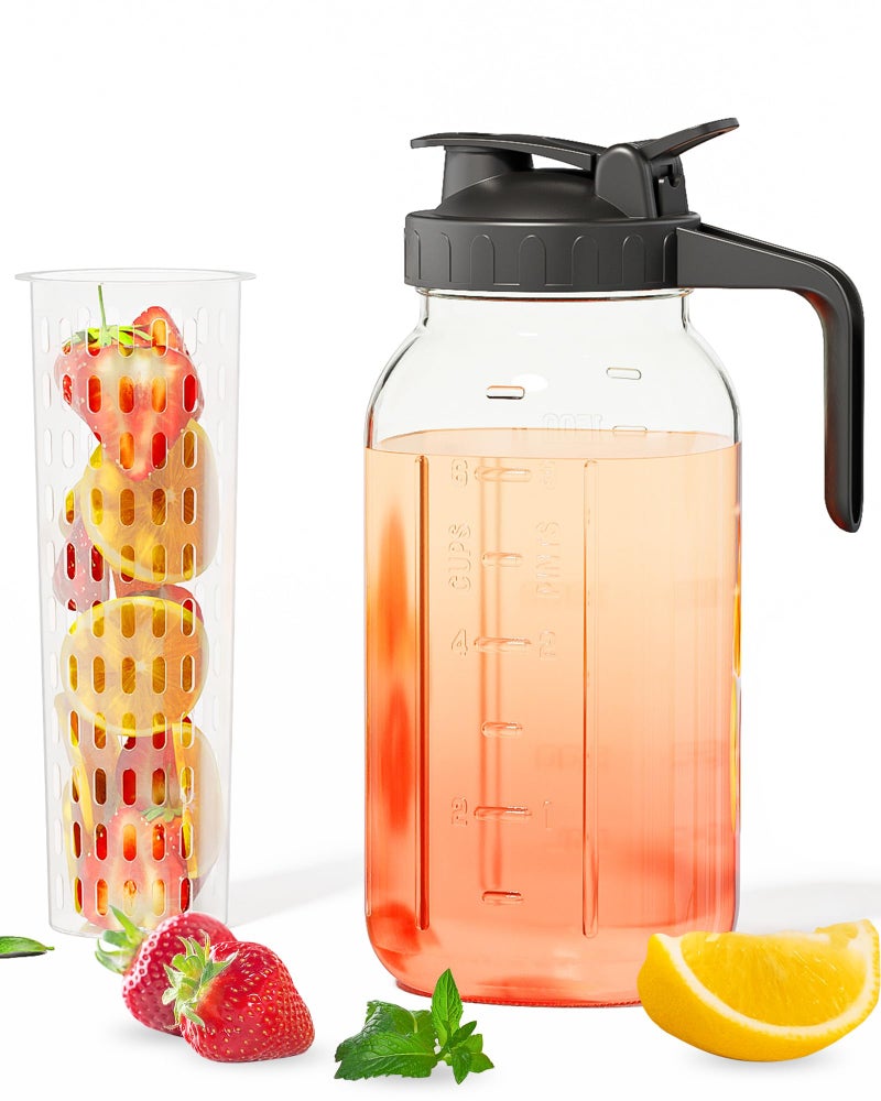 VA1KENE 64oz Mason Jar Pitcher with Fruit Tea Infuser â€“ Airtight & Leakproof Glass Pitcher with Lid, Perfect for Iced Tae, Sun Tea and Cold Brew, 2 Quart (1/2 Gallon) Wide Mouth Mason Jar with Pour Spout Lid - Image 1