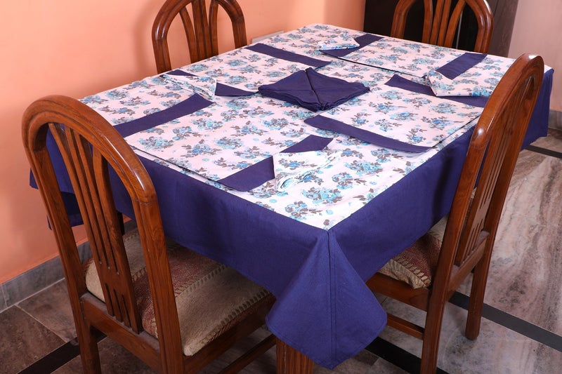 Dekor World Floral Printed Blue Table Cover with Place Mat & Napkin (Pack of 25) - Image 1