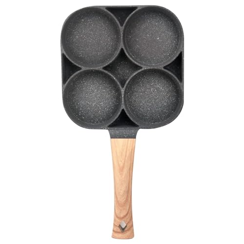 DAYANIDHI Non-Stick Egg Fry Pan | Multi-Compartment Section with Holes & Wooden Handle | Compatible with All Stove Types | Ideal for Omelette, Pancakes, Burger Patty & Bacon | 1 Piece - Image 1