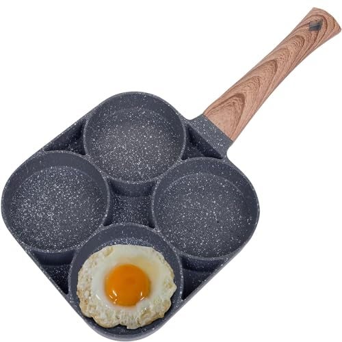 DAYANIDHI Non-Stick Egg Fry Pan | Multi-Compartment Section with Holes & Wooden Handle | Compatible with All Stove Types | Ideal for Omelette, Pancakes, Burger Patty & Bacon | 1 Piece - Image 2
