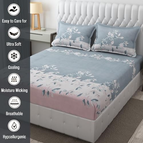 FRESH FROM LOOM Bedsheet Microfiber for Double Bed King Size | Floral Design Bed Spread with 2 Pillow Covers | Wrinkle Free Hypo-Allergenic Bedsheets/Bedcover (90x95 Inches | Grey), 144 TC - Image 4