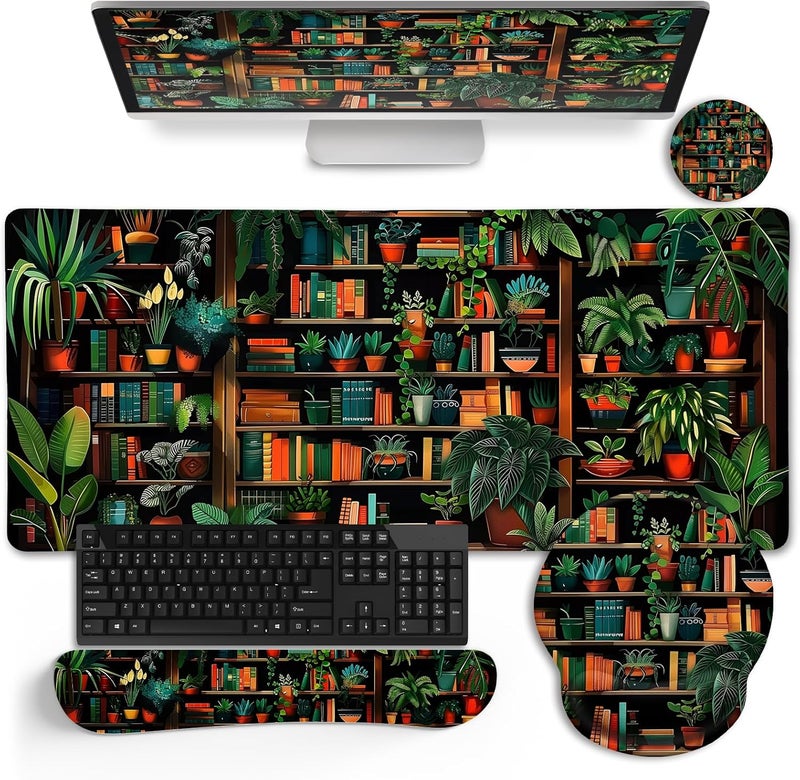LIMKRIAN Book Mouse Pad Set Large Desk Matt for Desktop, Ergonomic Mouse Pad with Wrist Rest, Gaming Mouse Pad Wrist Support Keyboard Mat Cup Coaster Set Cute Office Desk Decor Accessories - Image 1