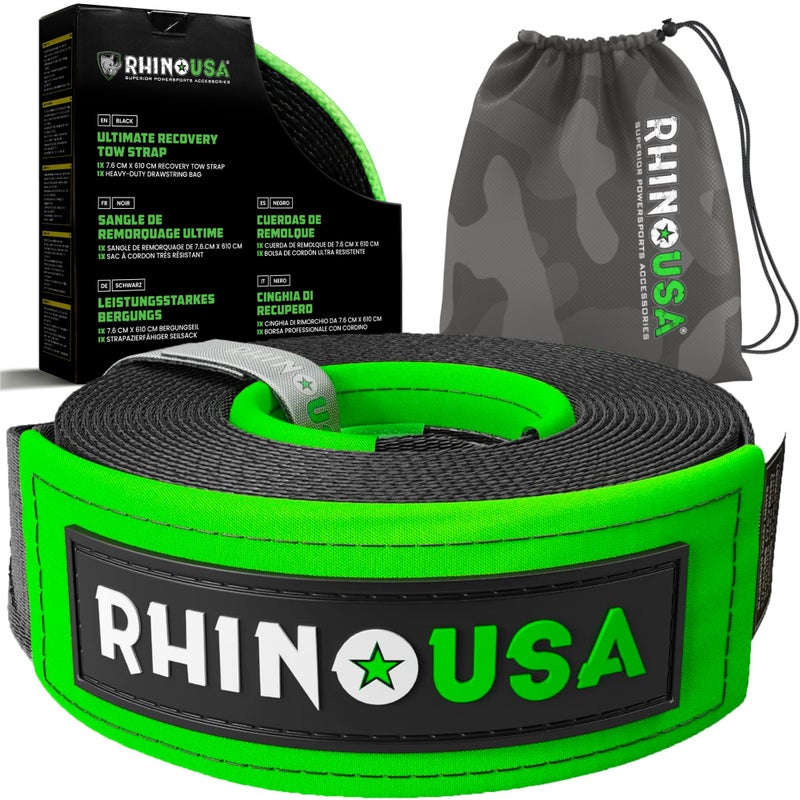 Rhino USA RHINO USA Recovery Tow Strap 3" x 20ft - Lab Tested 31,518lb Break Strength - Heavy Duty Draw String bag Included - Triple Reinforced Loop End to Ensure Peace of Mind - Emergency Off Road Towing Rope - Image 1
