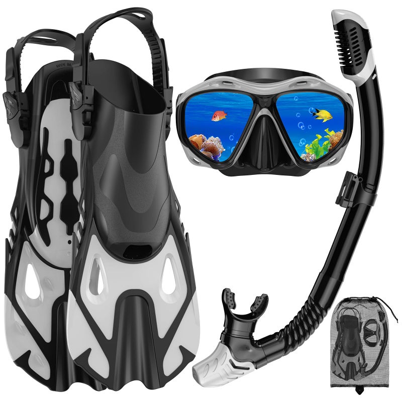 Jwintee Snorkeling Gear for Adults, Mask Fin Snorkel Set, Dry Top Snorkel Mask, Panoramic View Anti-Leak Anti-Fog 3 in 1 Snorkeling Kit Travel Diving Package with Storage Bag - Image 1