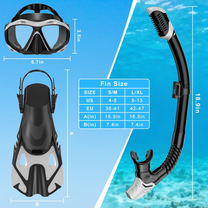 Jwintee Snorkeling Gear for Adults, Mask Fin Snorkel Set, Dry Top Snorkel Mask, Panoramic View Anti-Leak Anti-Fog 3 in 1 Snorkeling Kit Travel Diving Package with Storage Bag - Image 5