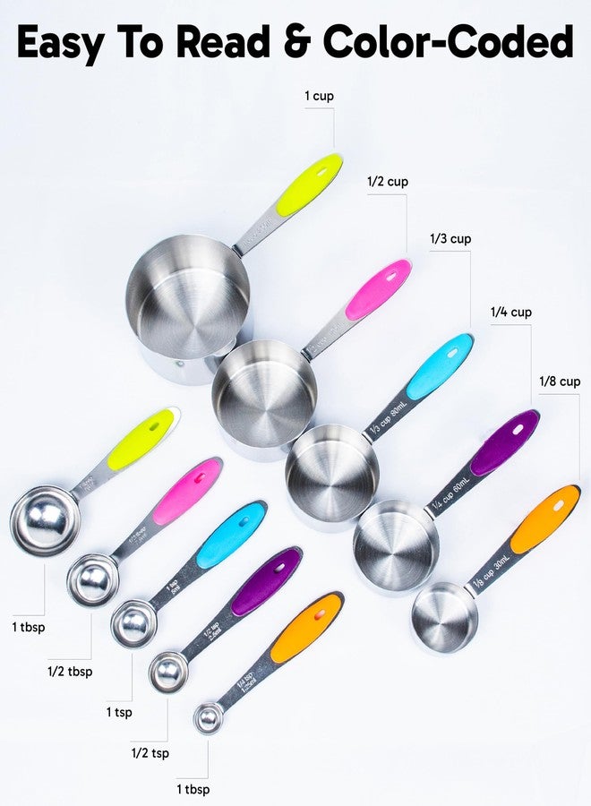 Dusico® Measuring Cups and Spoons Set of 10 - Stainless Steel Metal Measuring Cups Set for Cooking and Baking, Heavy Duty Stackable Measuring Set with Colorful Silicone Handles, Dishwasher Safe - Image 2
