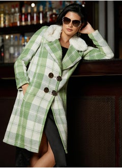 Campus Sutra Women's Pistachio Green Tartan Plaid Long Coat  - Image 1