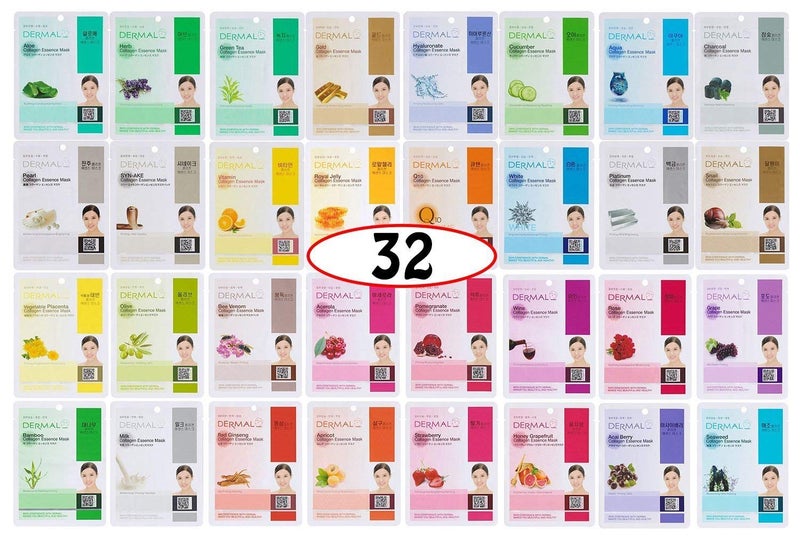 DERMAL Korean Collagen Face Mask  Hydrating  Soothing Sheet Mask with Panthenol  Hypoallergenic Calming Moisture Care for All Skin Types  32 Combo Pack AB Set