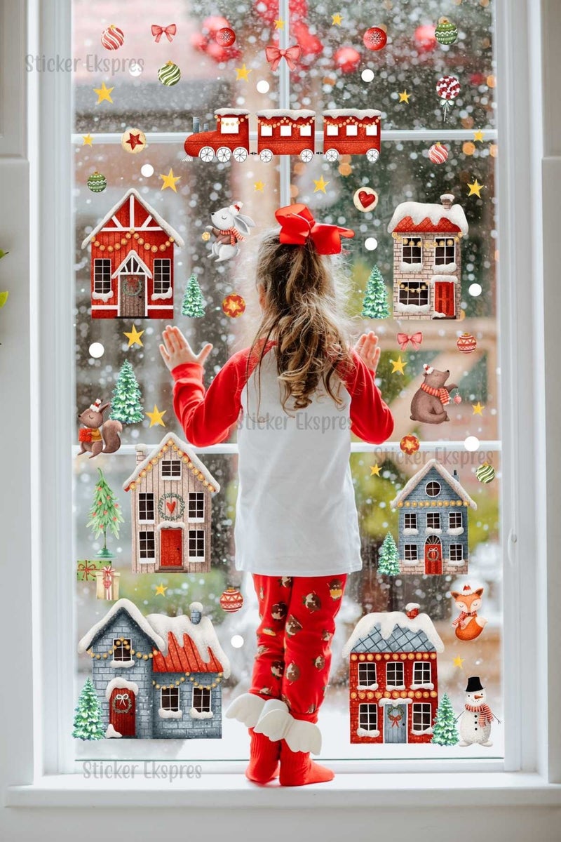 Sticker Ekspres ستicker إكسبريس سنة جديدة سعيدة في مدينة Cute ملصق زجاجي للجدار والباب مجموعة عيد الميلاد  - Image 1