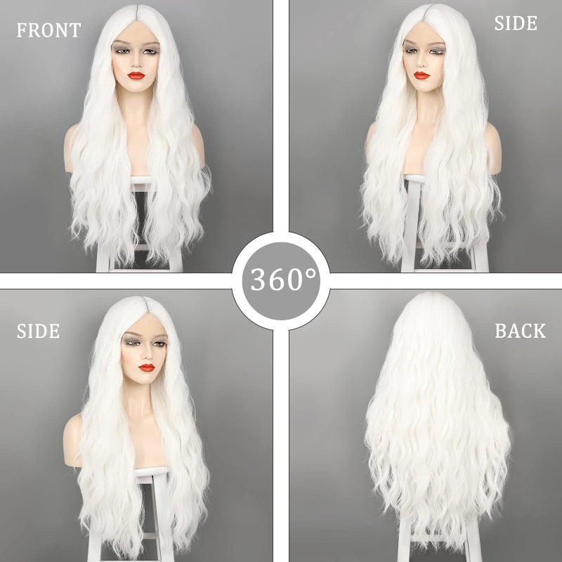 WECAN Long White Wigs for Women, 28 Inches Wavy Lace Heat Synthetic Middle Part Natural Looking Silky Wig for Daily Use, Halloween & Cosplay - Image 2