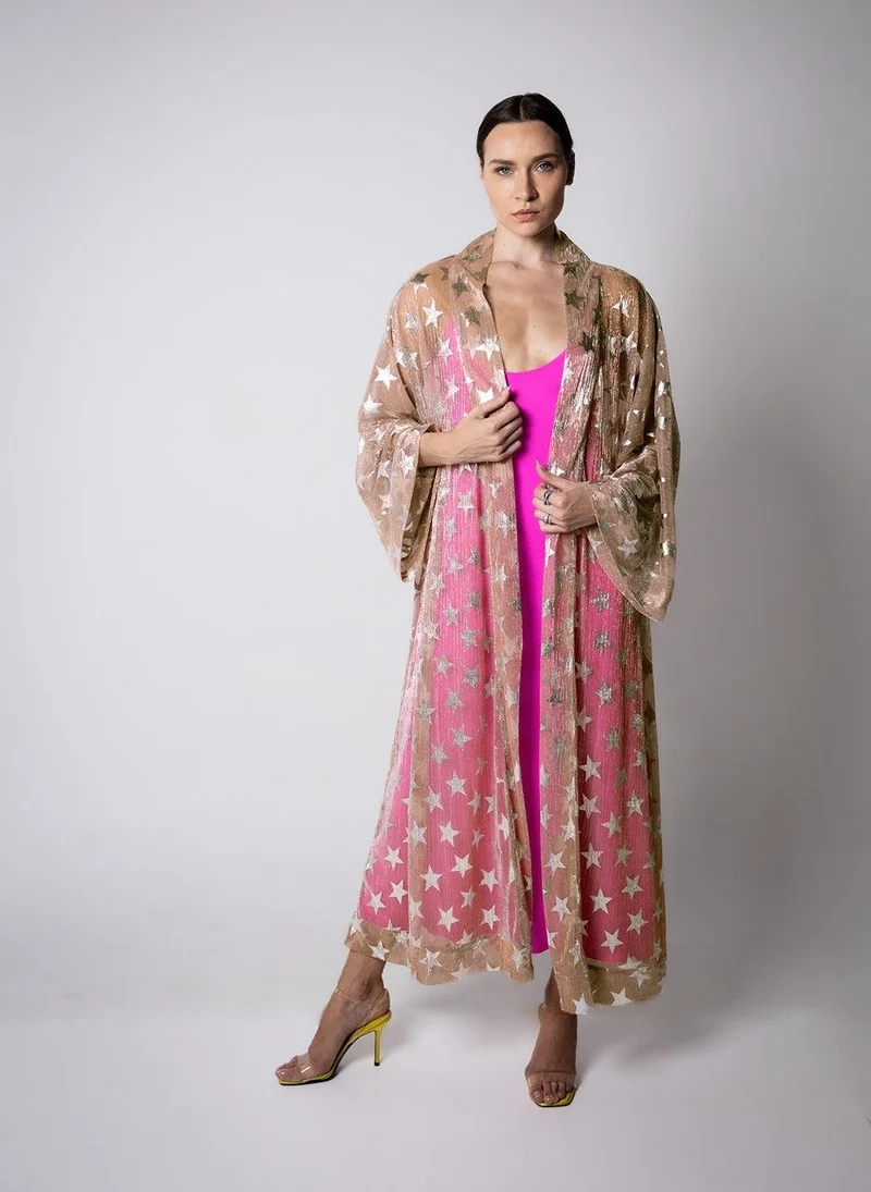 Golden Shimmering Mesh Silver Stars Abaya Kaftan